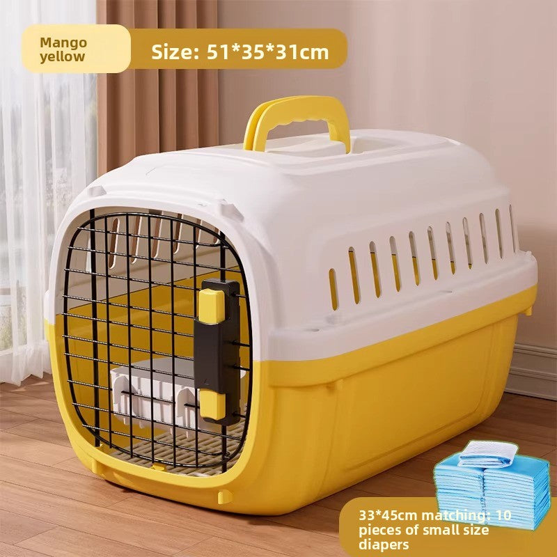 Pet travel crate set on a car seat ready for a vet visit or an outing