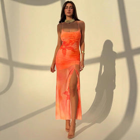 Pleated Print Tulle Slip Dress