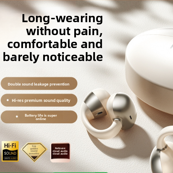 Champagne open ear earphone and rounded charging case shown on a soft neutral background