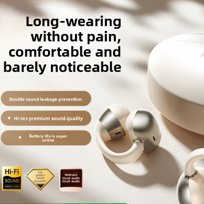 Champagne open ear earphone and rounded charging case shown on a soft neutral background