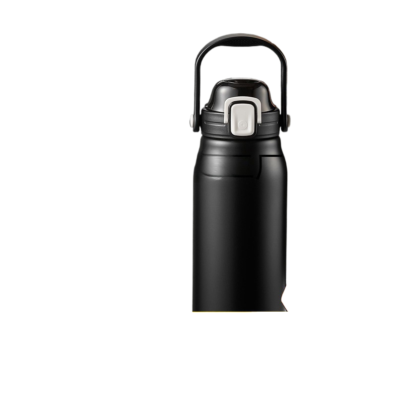 Hand pouring hot coffee into the stainless thermos cup at the counter