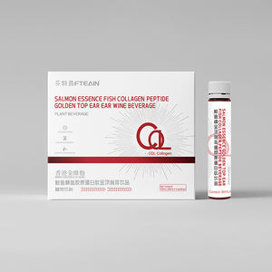 White Fteain fish collagen beverage box and one slim bottle on a grey studio background