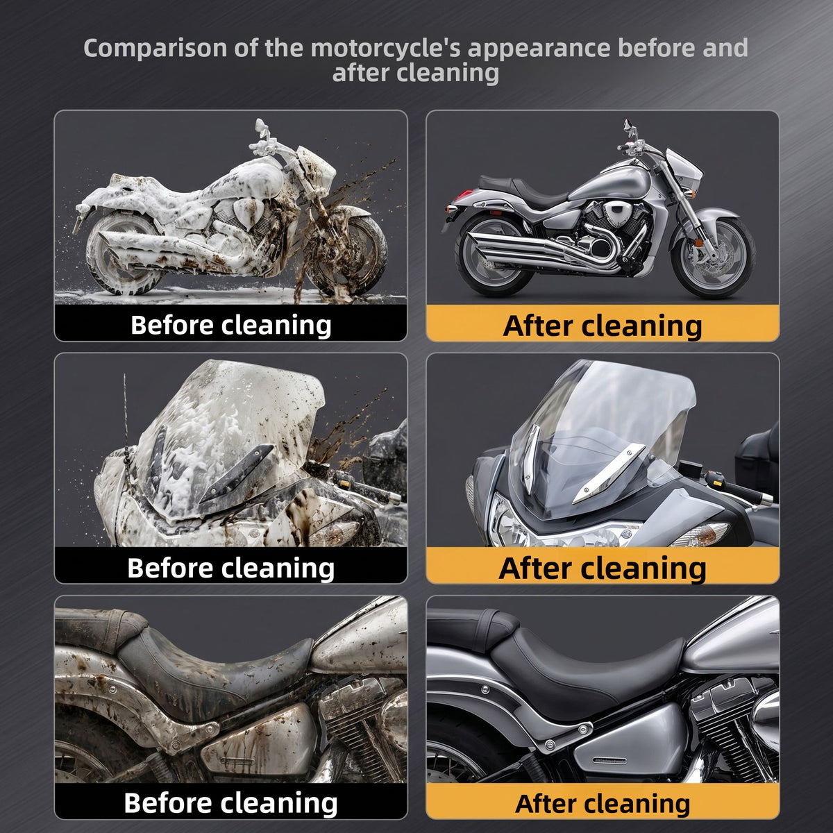 Six before and after photos comparing a dirty motorcycle, windshield and seat with the cleaned result