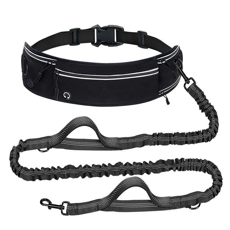 Hands free dog running belt with an adjustable bungee leash and twin padded handles