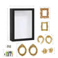 Layout drawing of a black shadow box frame beside the gold mini frames, cherubs, figurines and light cells in the set