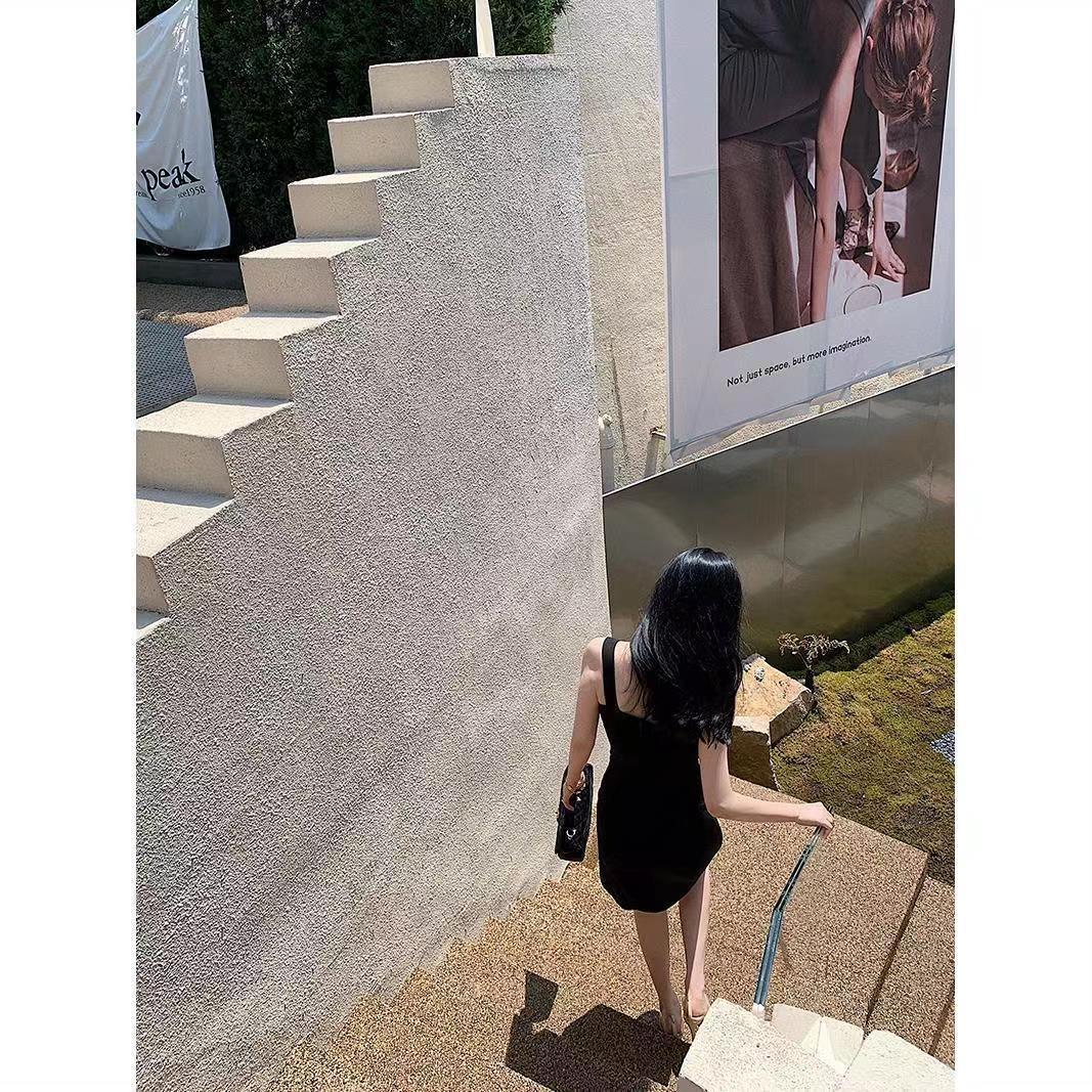 Sling Shoulder Black Dress with | close up material texture