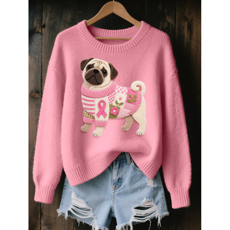 Pink womens 3D print knit look pullover top with a pug motif, product photo