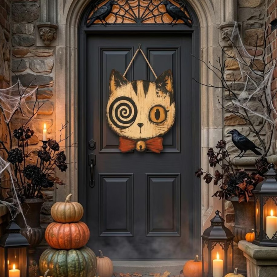 Printed wooden Halloween plaque, thin flat board with a seasonal design and a hanging cord