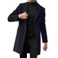 Man in a navy single-breasted mid-length coat with notch lapel over a black turtleneck, size M option