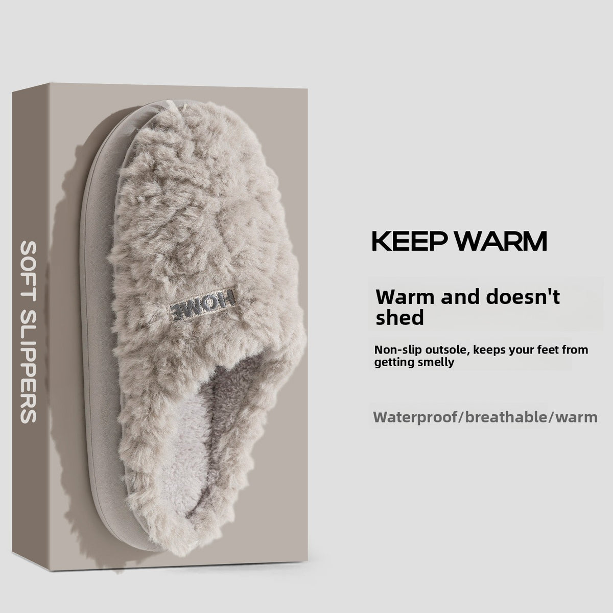 Gray plush slipper in a SOFT SLIPPERS box, KEEP WARM banner