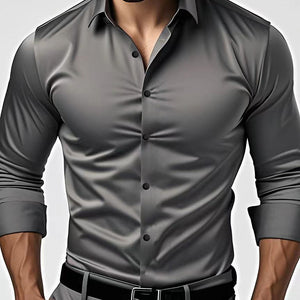 Slim fit button up dress shirt shown on a male model in a solid color with buttoned cuffs
