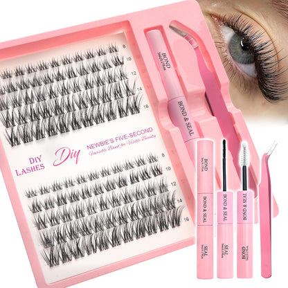 DIY lash cluster kit with 110 clusters from 8 to 16 mm, dual-ended glue and pink tweezers beside an eye
