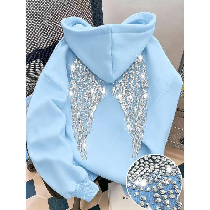 Light Blue pullover hoodie with rhinestone wings on the back and a stone close-up, option photo for Light Blue 4XL