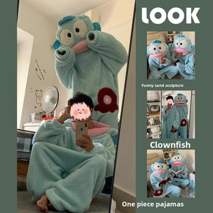 Coral fleece one-piece pajamas with green monster cartoon print