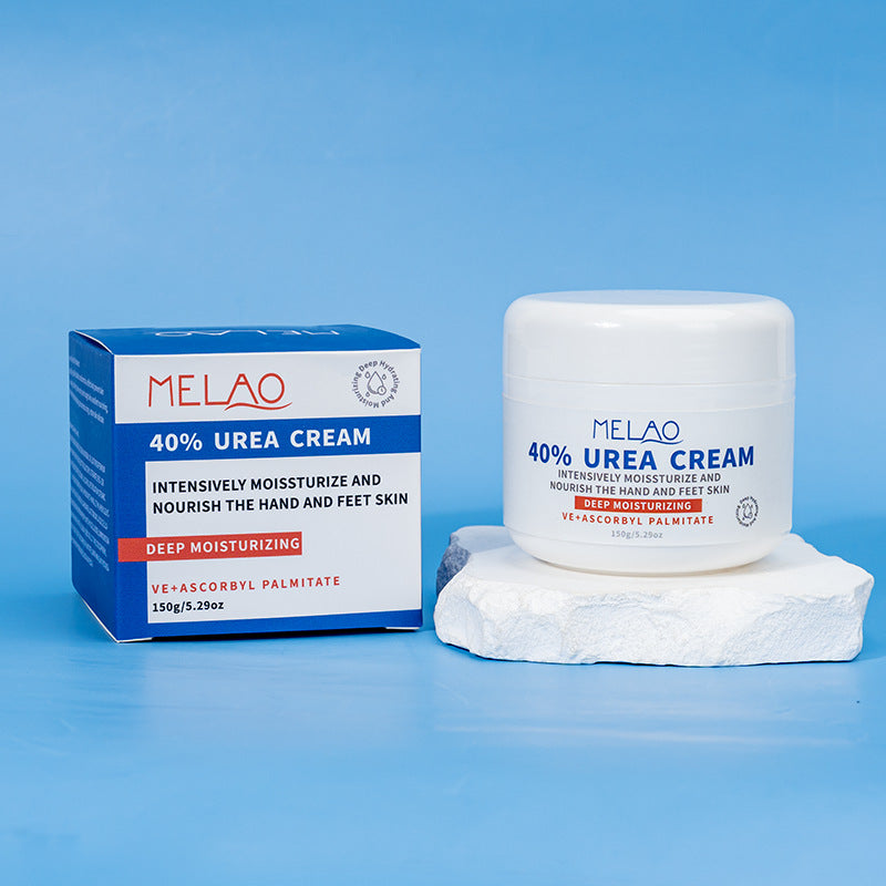 MELAO 40% Urea Cream blue and white box next to the white jar on a stone slab, blue background