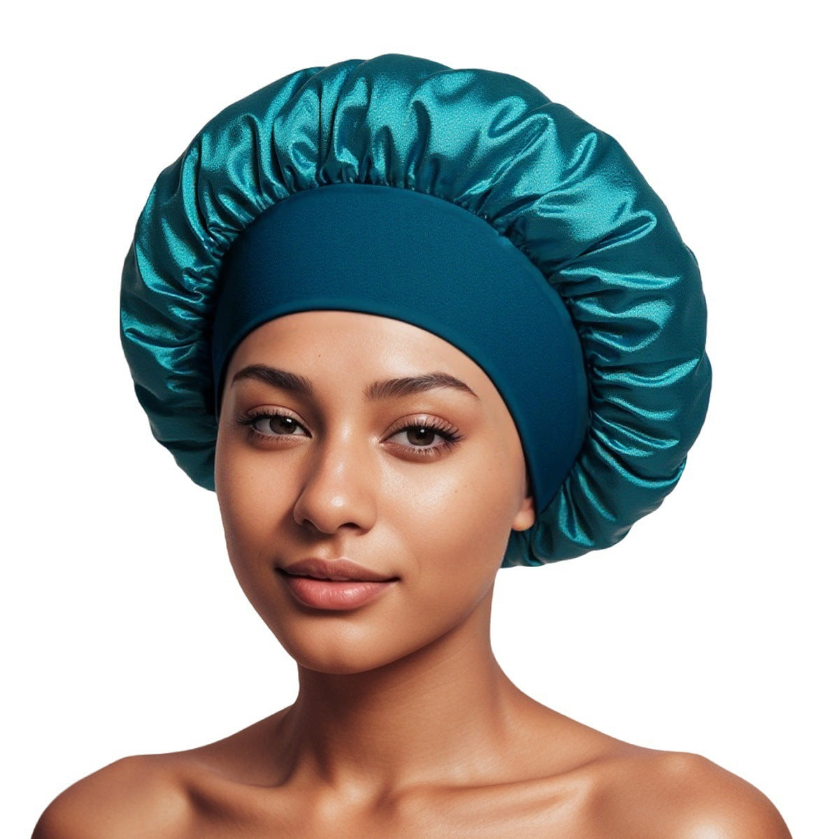 Teal satin sleep bonnet with ruffled crown and wide elastic band, 35 cm diameter