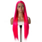 Long straight rose pink lace front wig on a mannequin head against a white background, front view