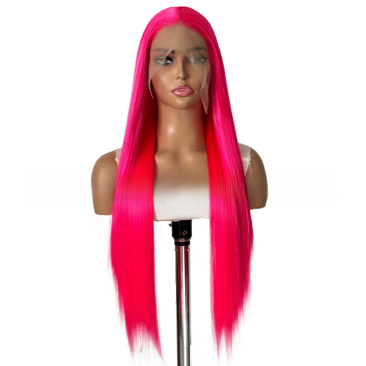 Long straight rose pink lace front wig on a mannequin head against a white background, front view