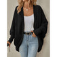 Back view of a blue womens open front knit drape cardigan