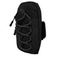 Black sports arm bag seen from the side with a silver grey cord laced over the front pocket