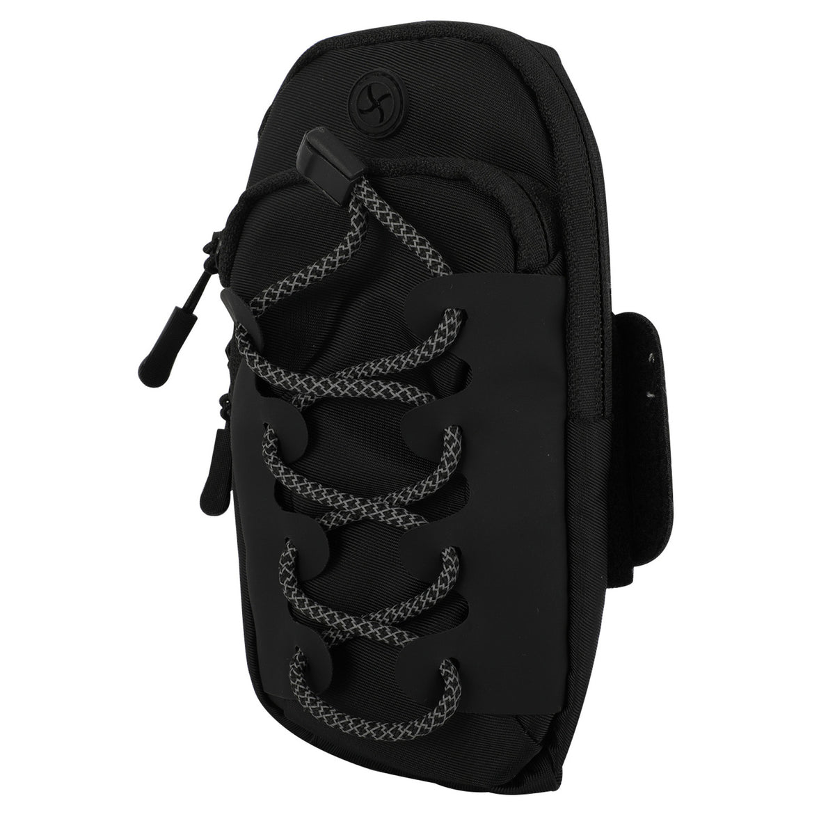 Black sports arm bag seen from the side with a silver grey cord laced over the front pocket