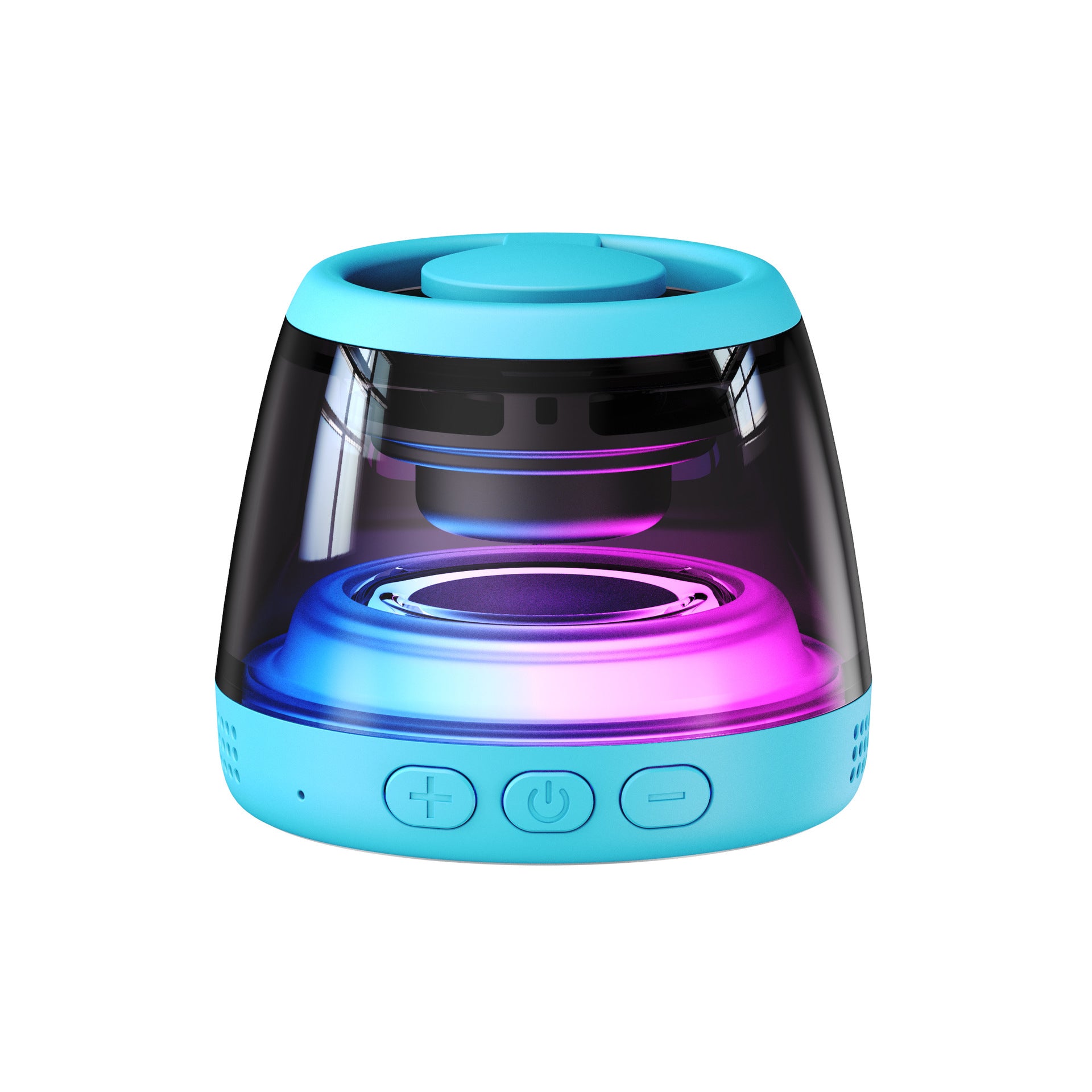Small lit speaker in a smoked shell showing the internal colour ring