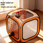 Pet drying box with airflow arrows showing warm air circulating around a dog