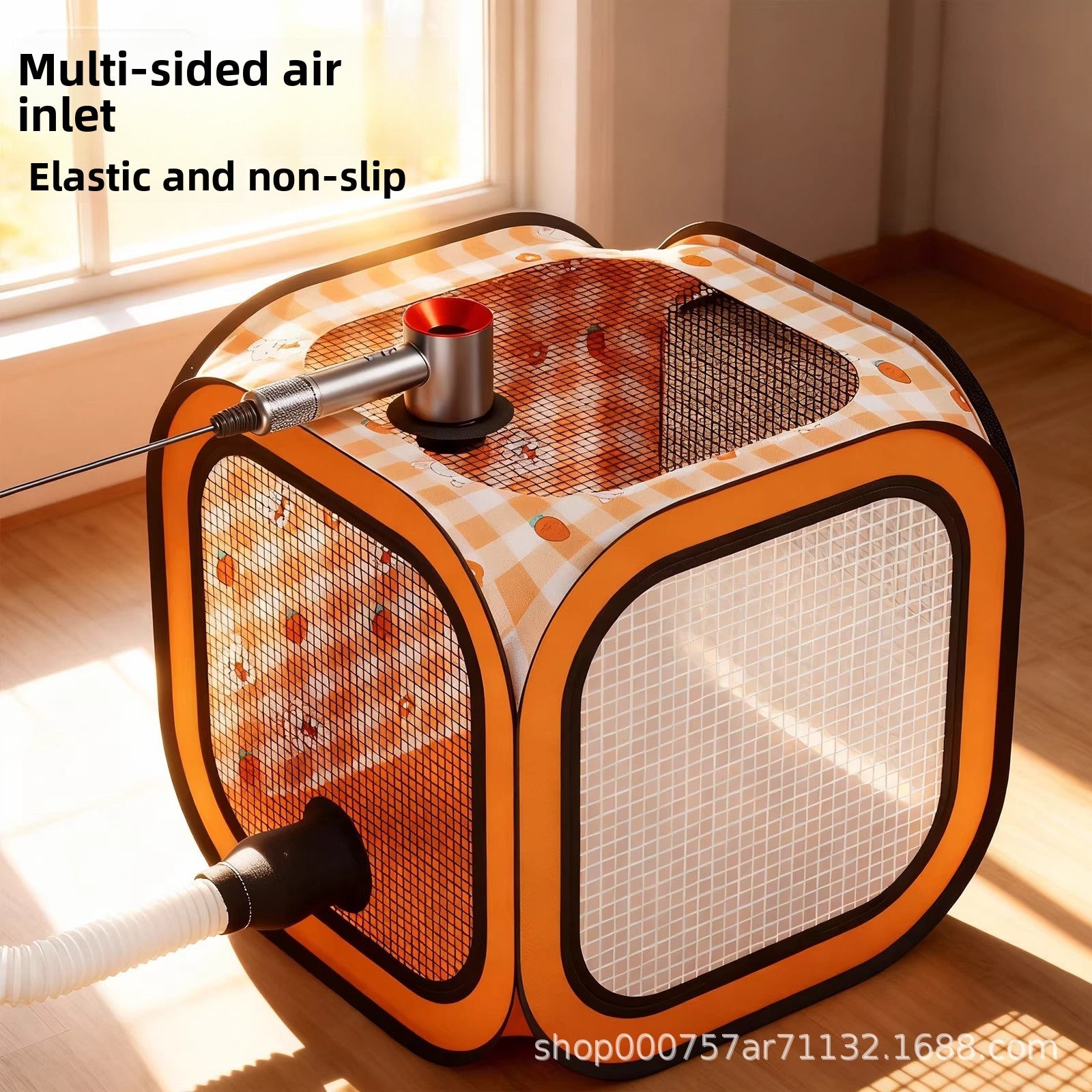 Pet drying box with airflow arrows showing warm air circulating around a dog