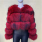 Crimson Red cropped banded fur coat, 3-Sleeve 5-Section layout, size S