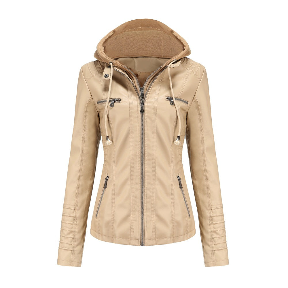 Apricot PU leather jacket with detachable hood, size S option