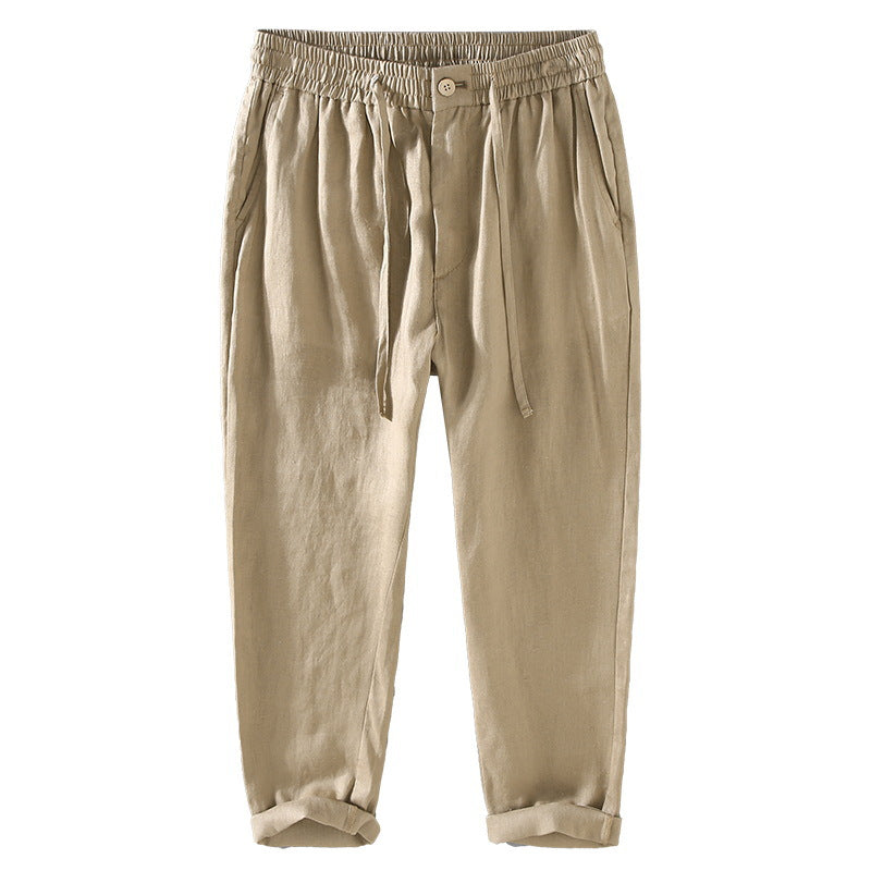 Pure linen mens drawstring straight leg trousers in apricot, rolled cuff detail