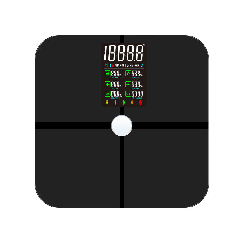 Black body fat scale from above showing the VA color screen with weight and body figures