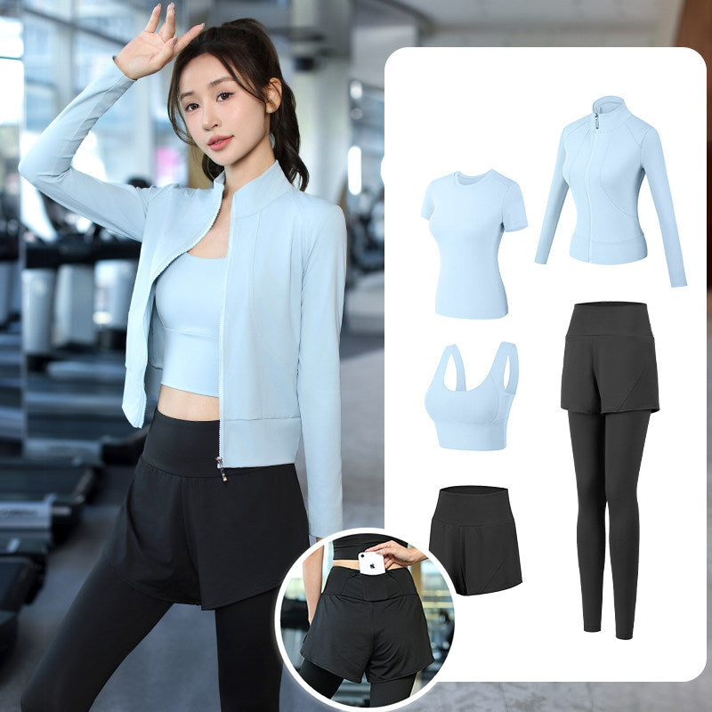 Yoga set styled with an open cardigan thrown over the shoulders