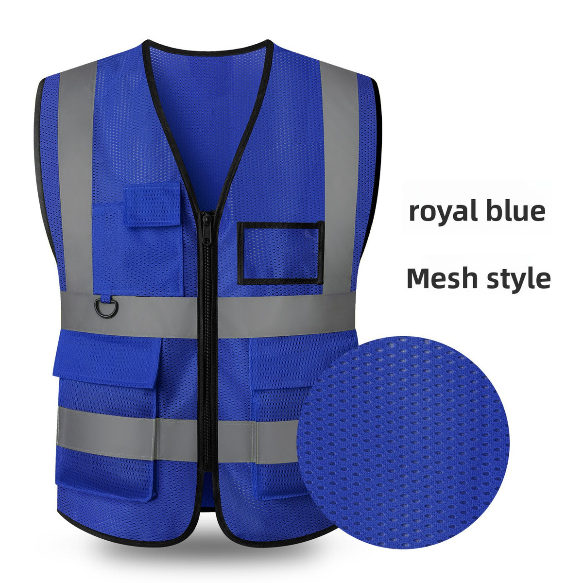 Royal blue mesh reflective work vest with perforated fabric, ID window pocket and zip front