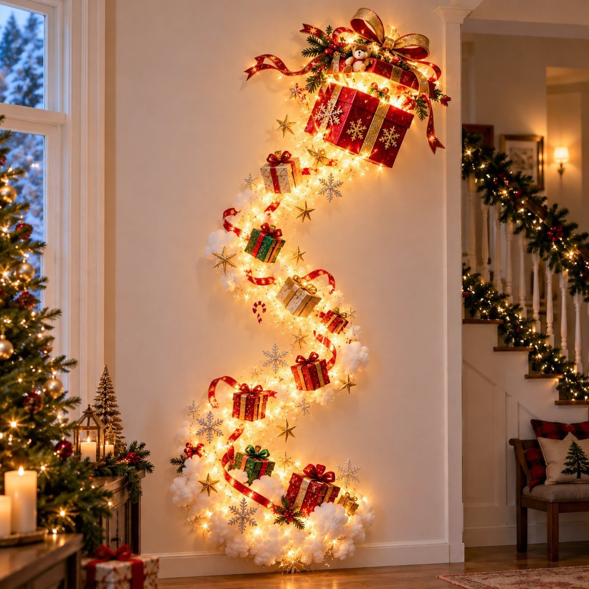 Illustrated Christmas wall display with a red gift box with ribbon above a trail of lights and small gifts, Gift option
