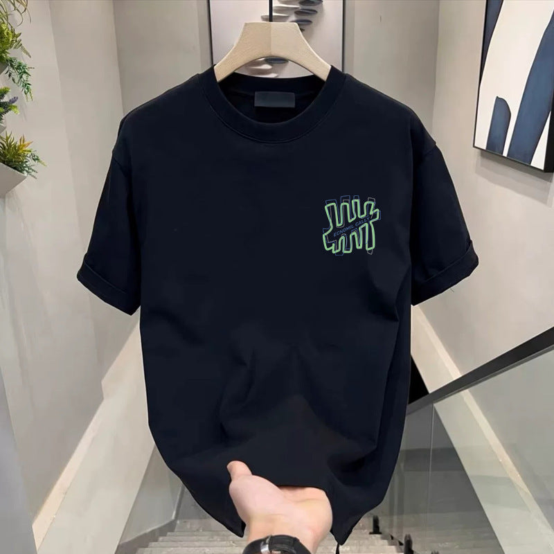 Black crew neck T-shirt on a hanger with a green hand-drawn scribble print, a print not among the listed options