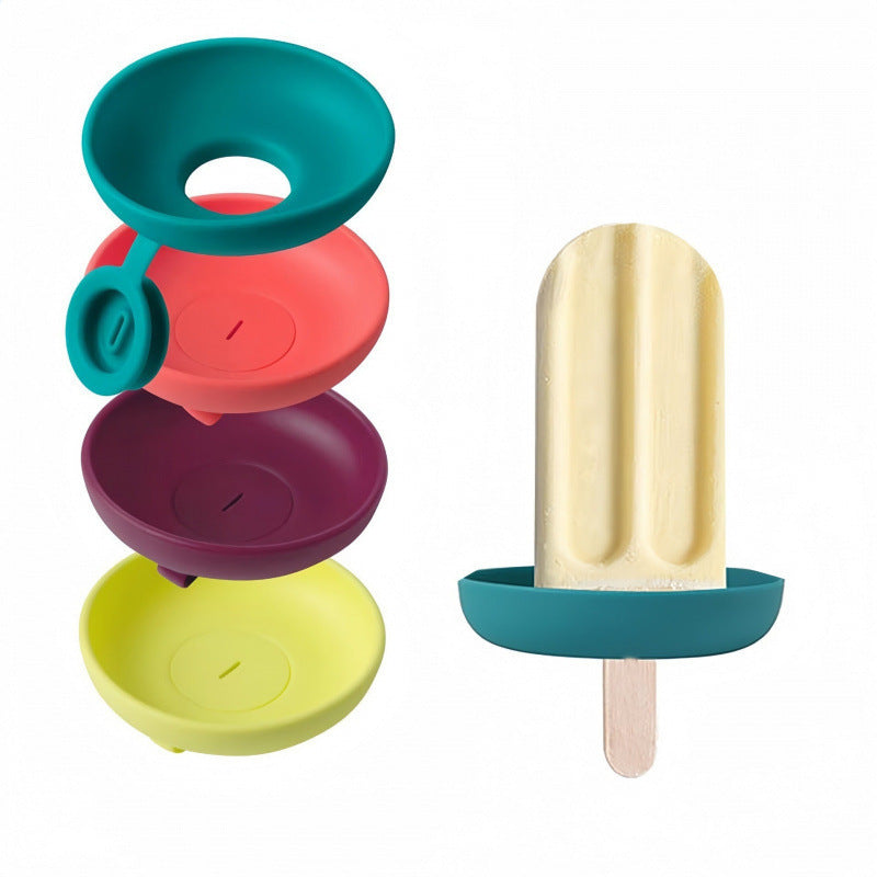 Ice pop drip guards in four colors beside a popsicle with a teal guard at its base, option Ice Pop Drip Guard, Purple