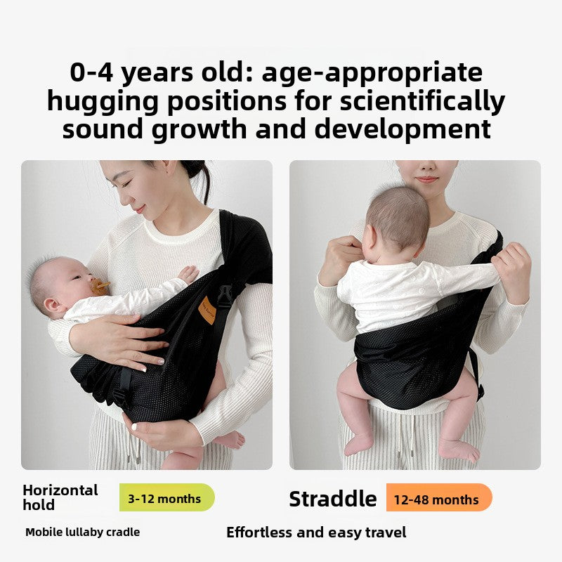 Side view of the one shoulder baby sling showing the single strap across the back