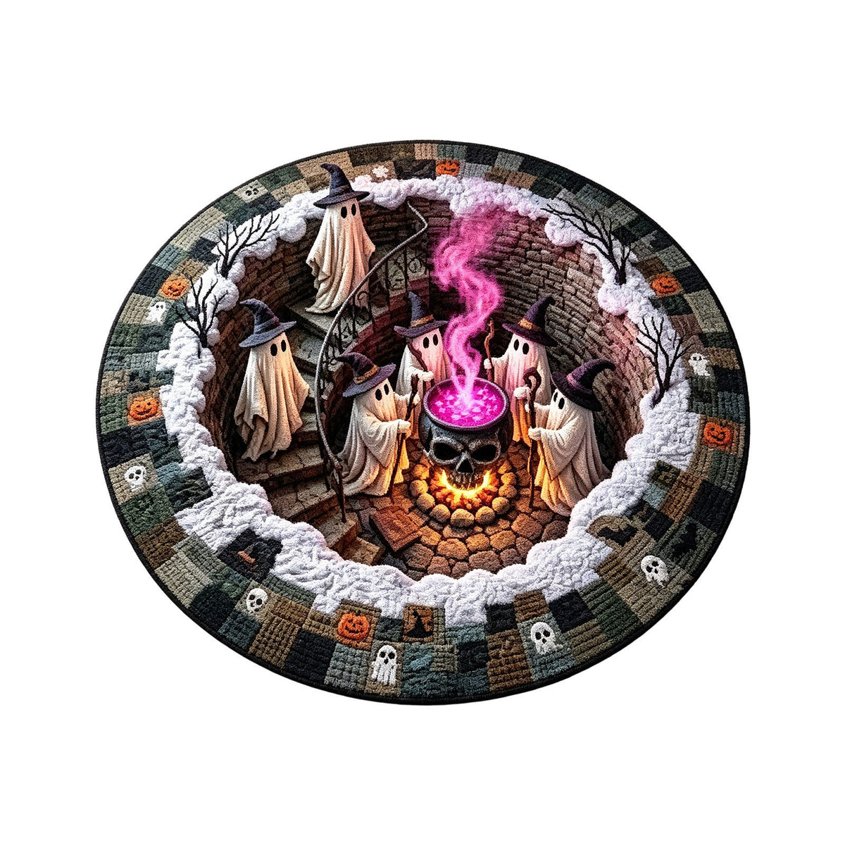 Round plush floor mat with a 3D Halloween witch ghosts and glowing cauldron print
