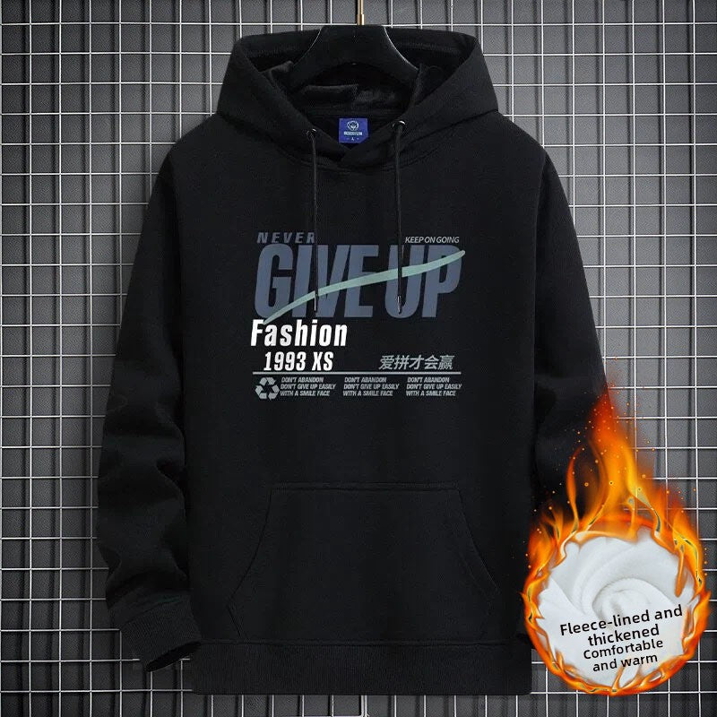 Black fleece-lined hooded sweatshirt with a NEVER GIVE UP graphic and front pocket, size M option