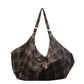 Coffee brown woolen plaid shoulder tote bag shown with its long adjustable strap