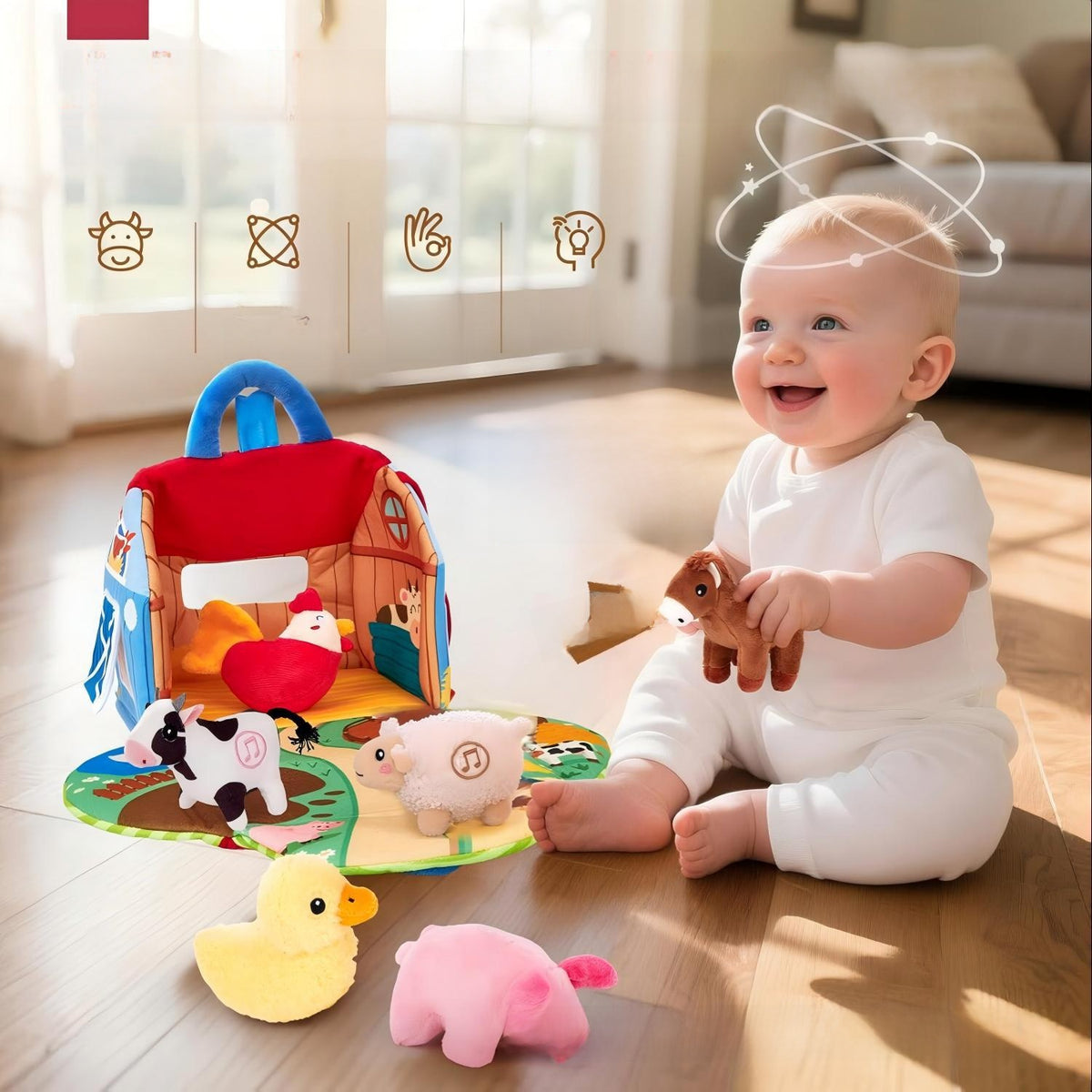 Soft cloth farm barn open on a play mat with six plush animals beside a smiling baby on the floor