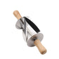 Stainless steel croissant cutter with triangular wheel and beech wood handle on a white background