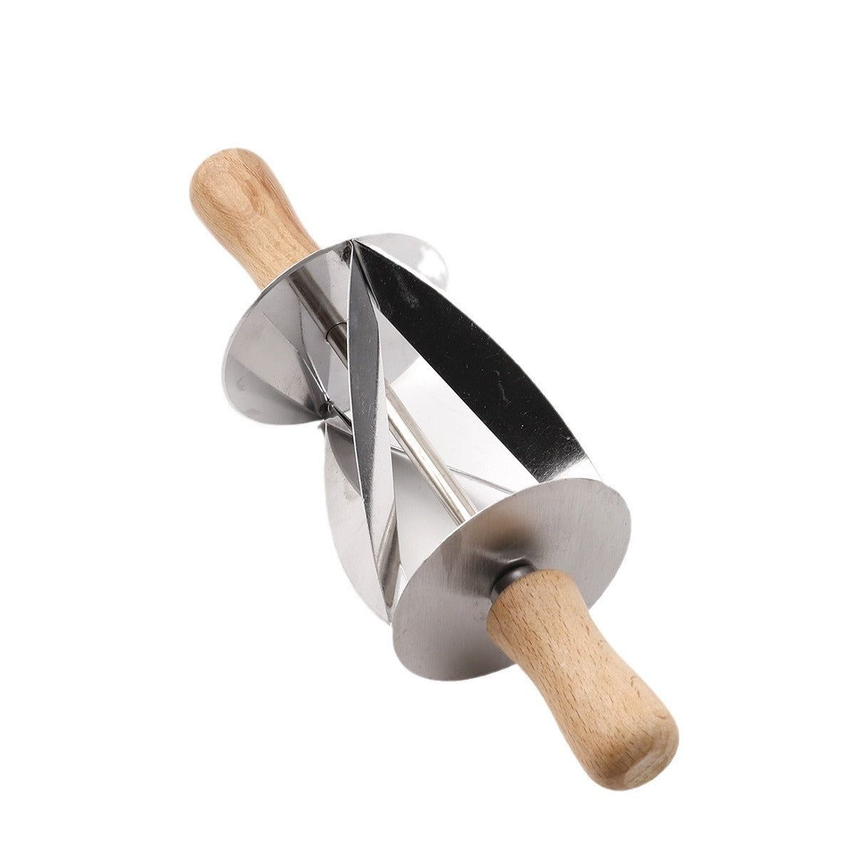 Stainless steel croissant cutter with triangular wheel and beech wood handle on a white background