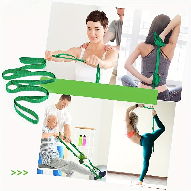 Green multi loop yoga stretch strap shown in use for assisted stretching exercises