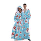 Couple in light blue snowman print hooded fleece bathrobes with white plush hoods, Snowman Blue Hooded Robe, size M