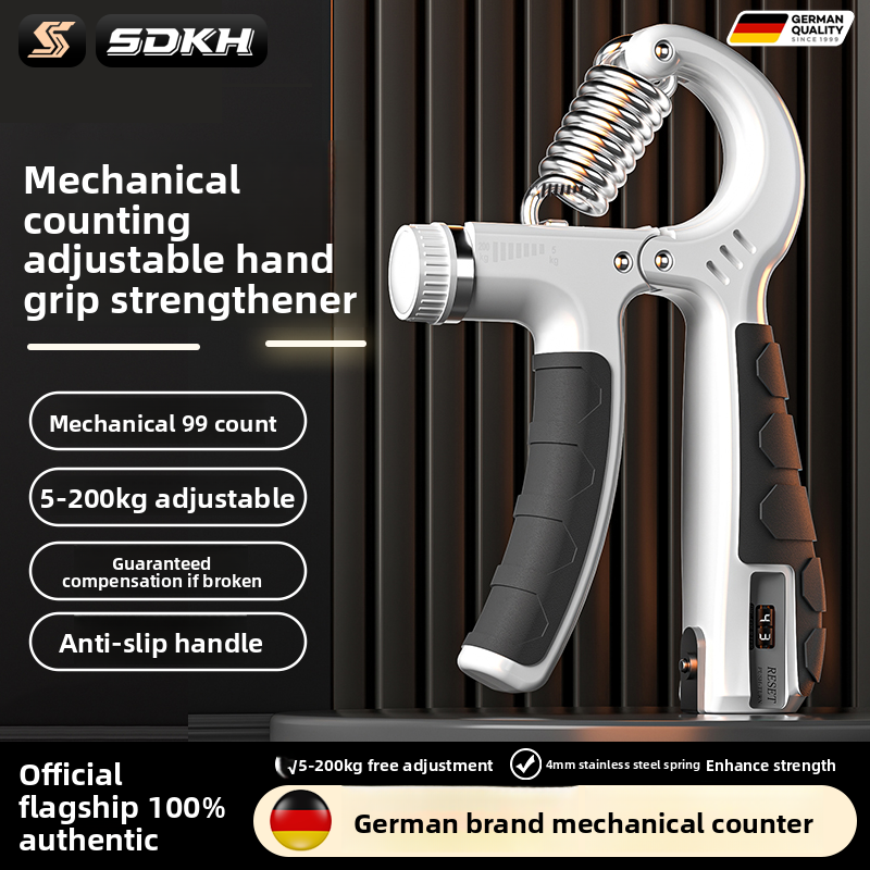 White adjustable grip strength trainer with a mechanical push turn rep counter