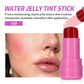 Shade 02 orchid pink jelly blush stick beside a face with blush on the cheek and a tint on the lips