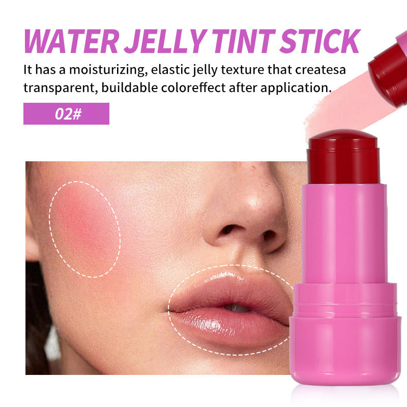 Shade 02 orchid pink jelly blush stick beside a face with blush on the cheek and a tint on the lips
