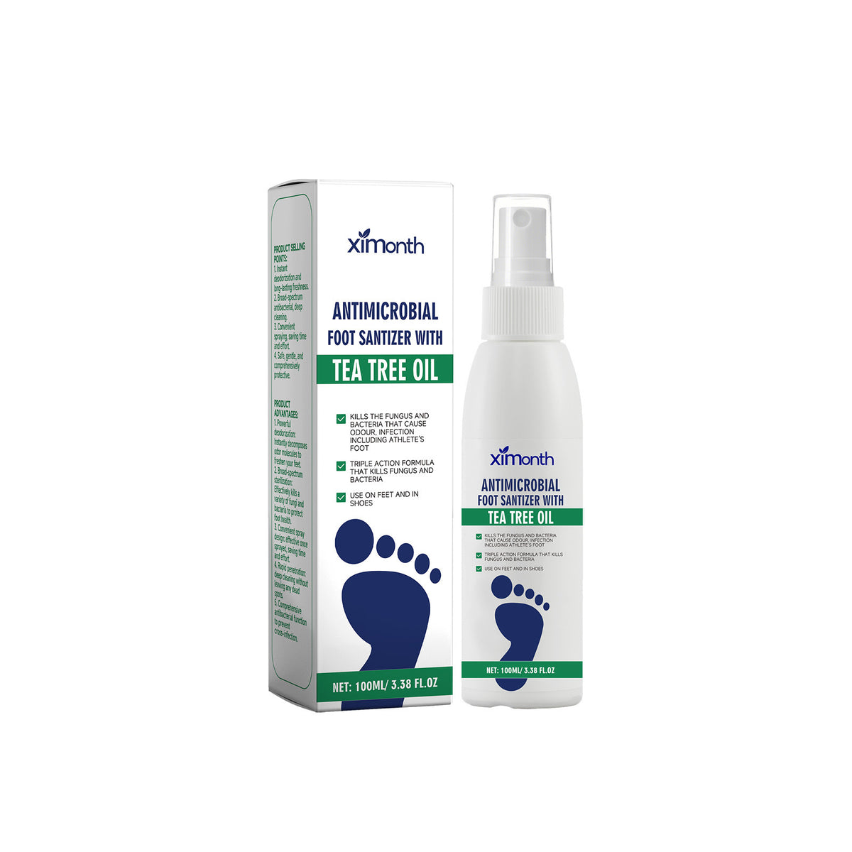 Ximonth tea tree oil foot and shoe spray bottle next to its retail box